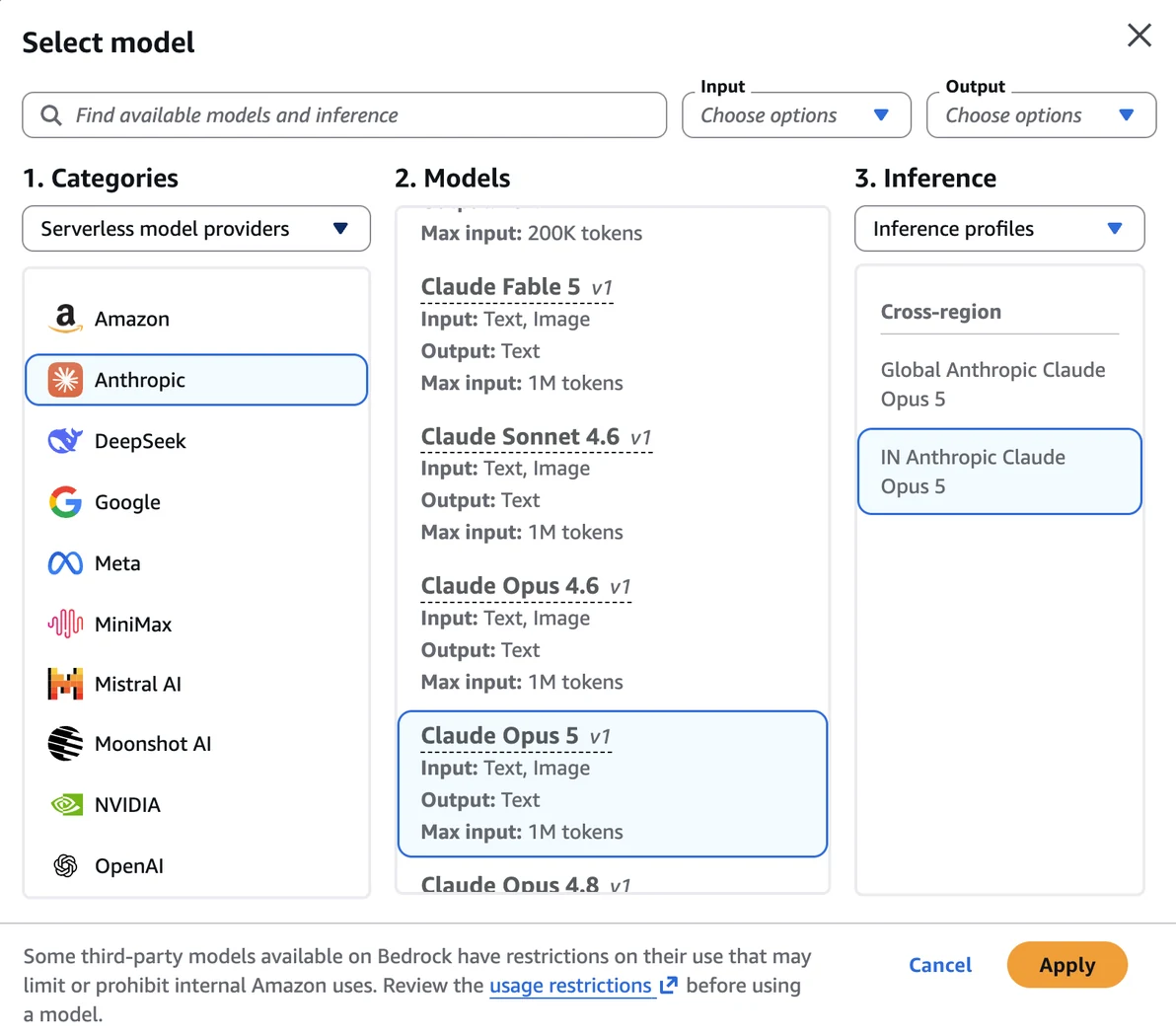 The Claude Opus 5 model selected in the Amazon Bedrock console text playground