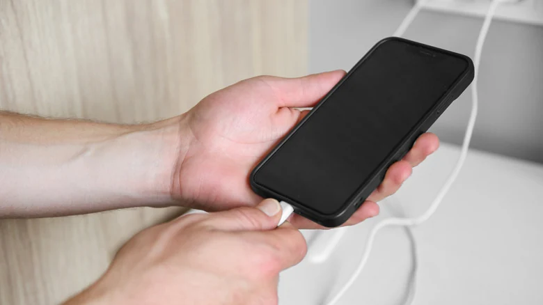 A person plugs a charging cable into a smartphone.
