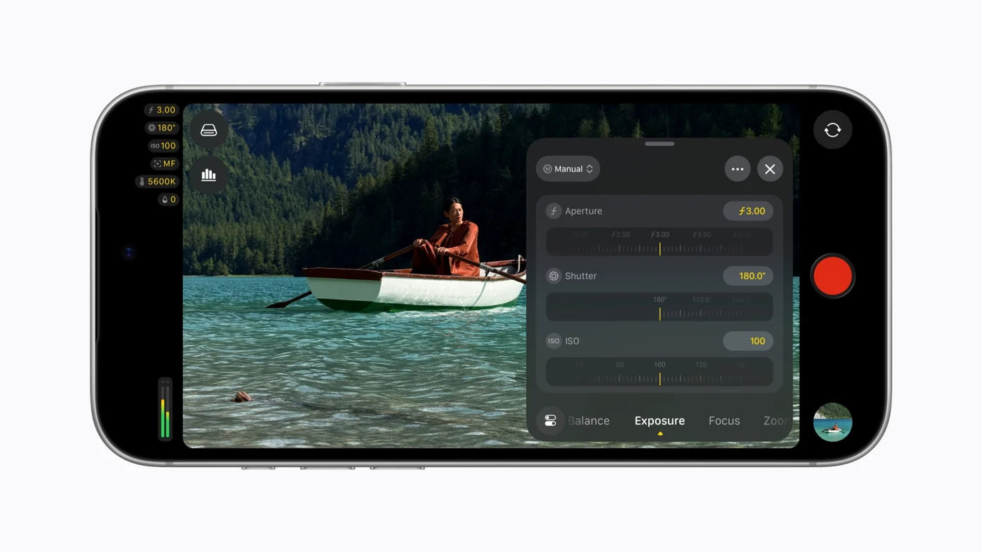 iPhone 18 Pro shows a Final Cut Camera screen with settings for aperture, shutter, and ISO.