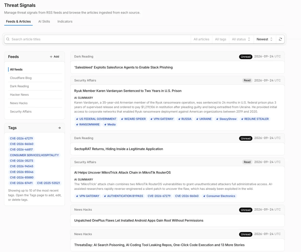 A view of Threat Signals displaying collected RSS feeds