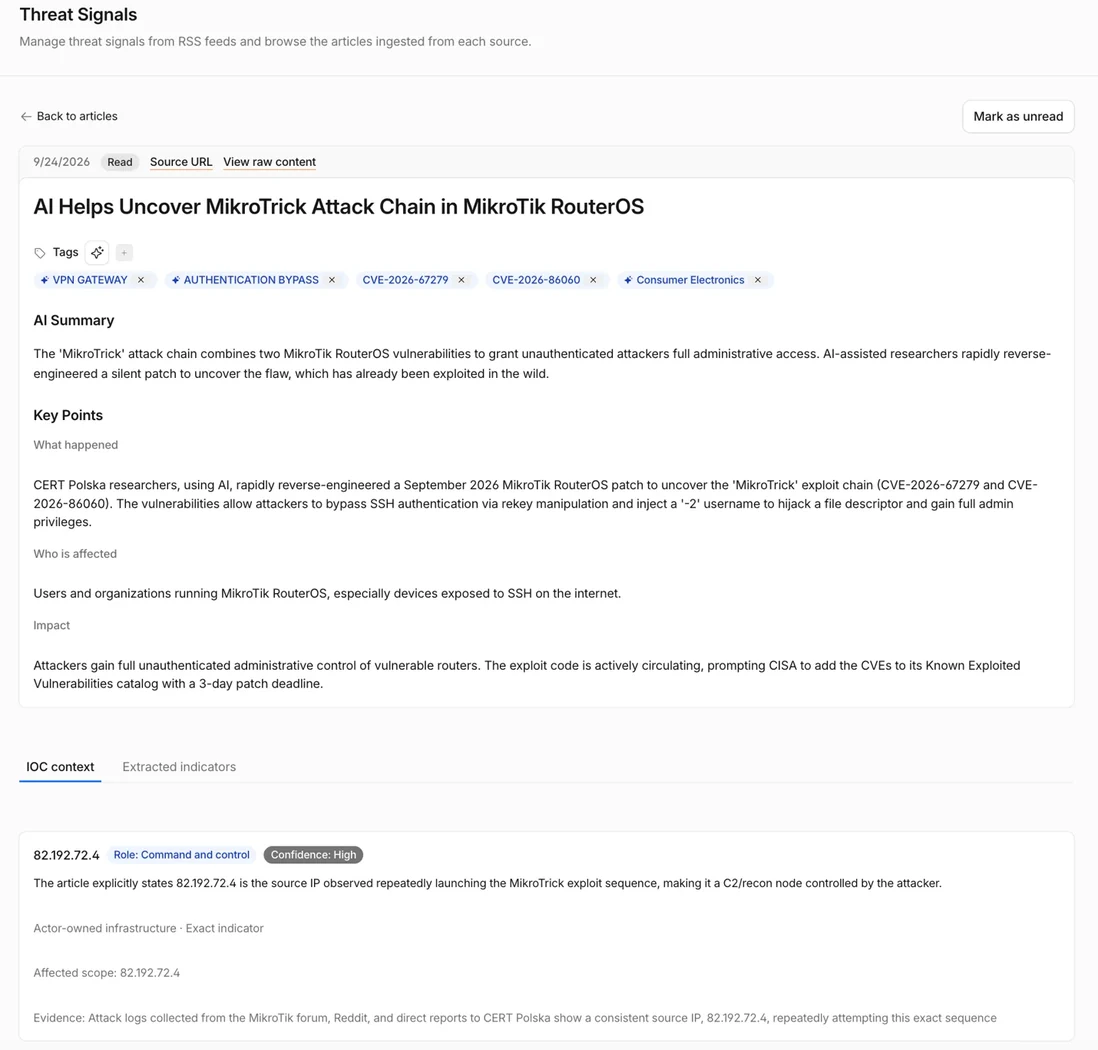Threat Signal article summarized with key points and contextualized indicators