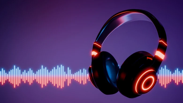 An illustration showing headphones with sound waves in the background.