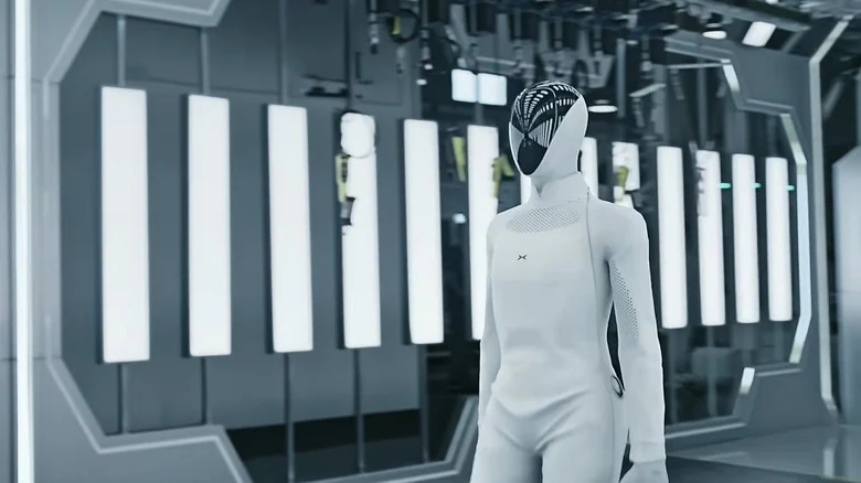 XPENG's Iron humanoid robot stands inside the company's robot production facility.