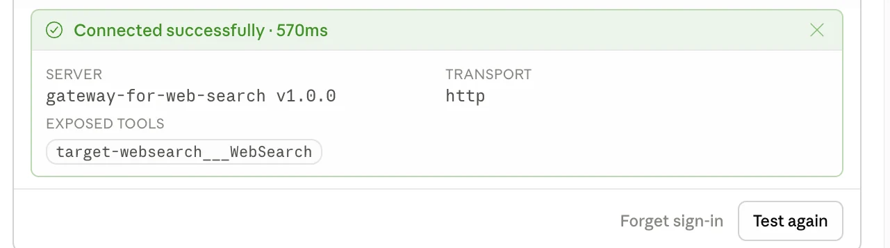 Claude Desktop showing a successful MCP server registration message for the web search tool