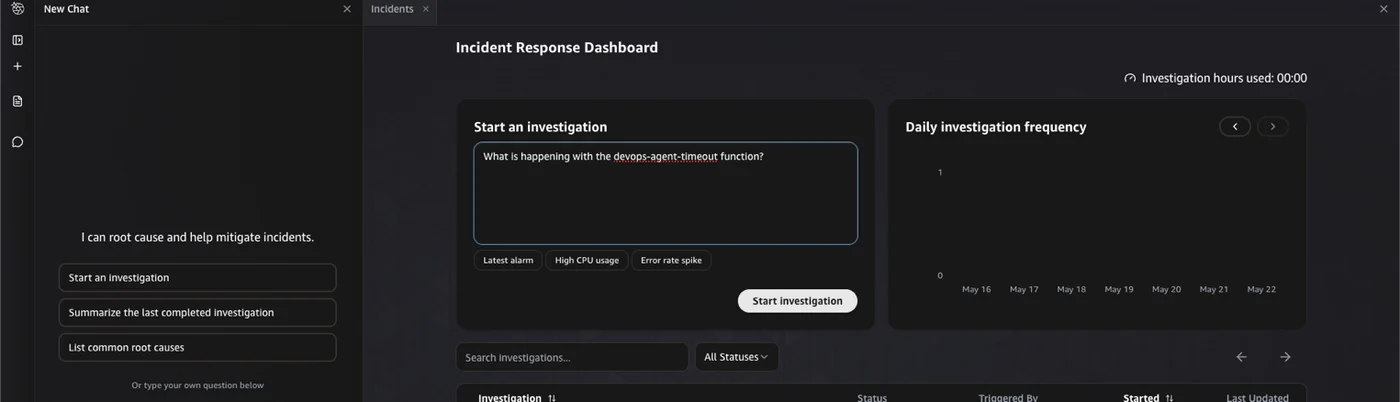 AWS DevOps Agent console with a prompt asking what is happening with the devops-agent-timeout function