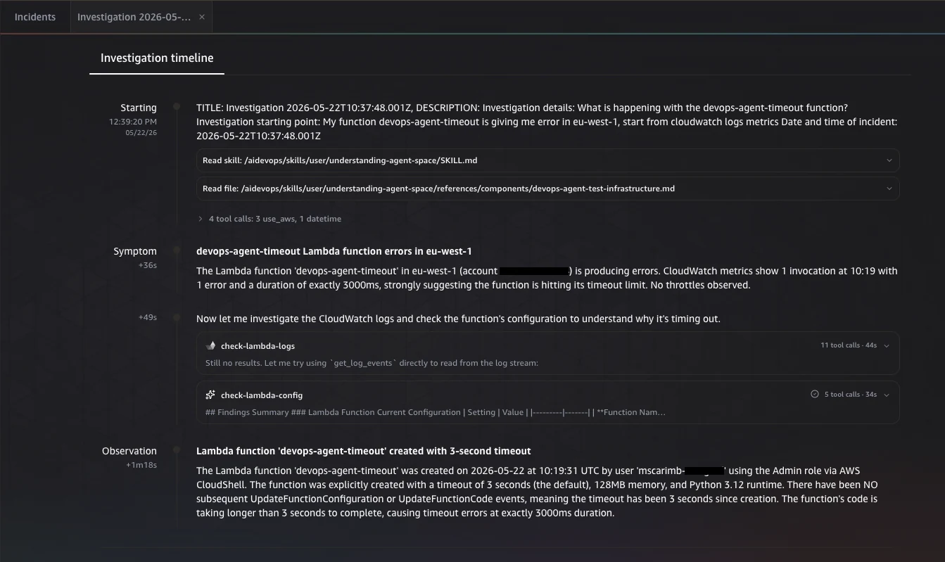 AWS DevOps Agent investigation in progress, correlating Amazon CloudWatch metrics, logs, and the function configuration