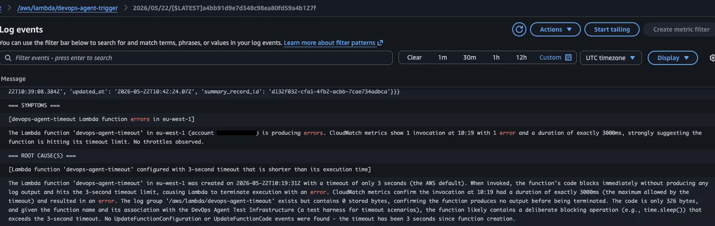 CloudWatch log group showing the parsed investigation summary with symptoms, root causes, contributing causes, and investigation gaps