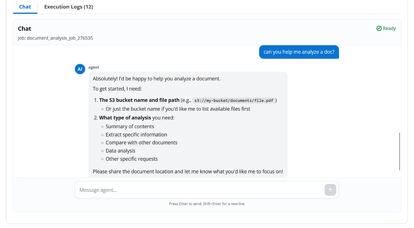Job execution sequence: API enqueue, SQS worker, AgentCore invocation, DynamoDB write-back