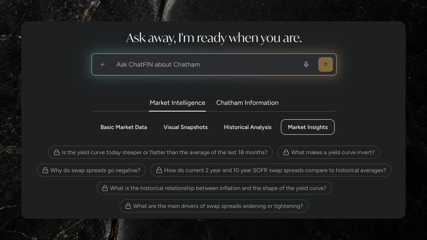ChatFIN interface over a dark texture background showing market intelligence prompts for Chatham Financial.