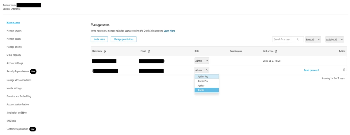 Amazon Quick Suite user management page showing users and their assigned roles