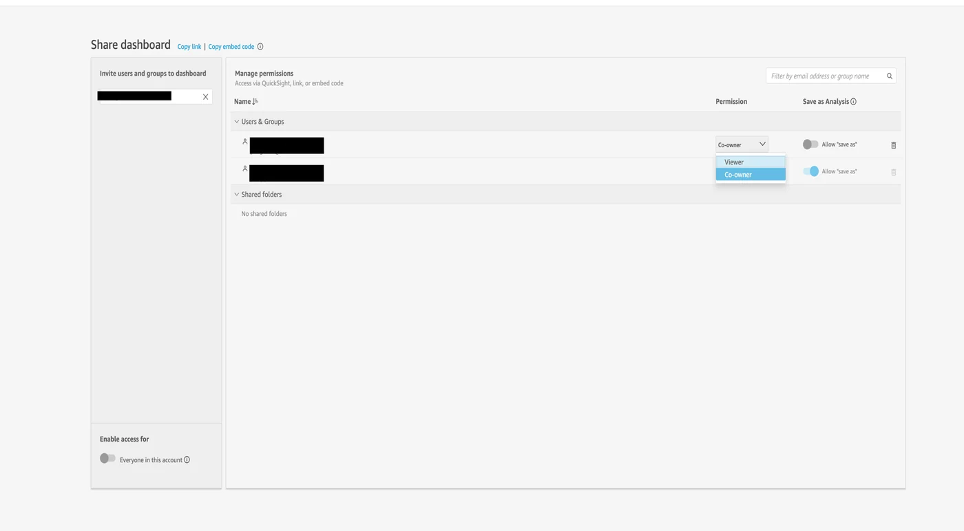Amazon Quick Suite Share dialog for adding a co-owner to an asset