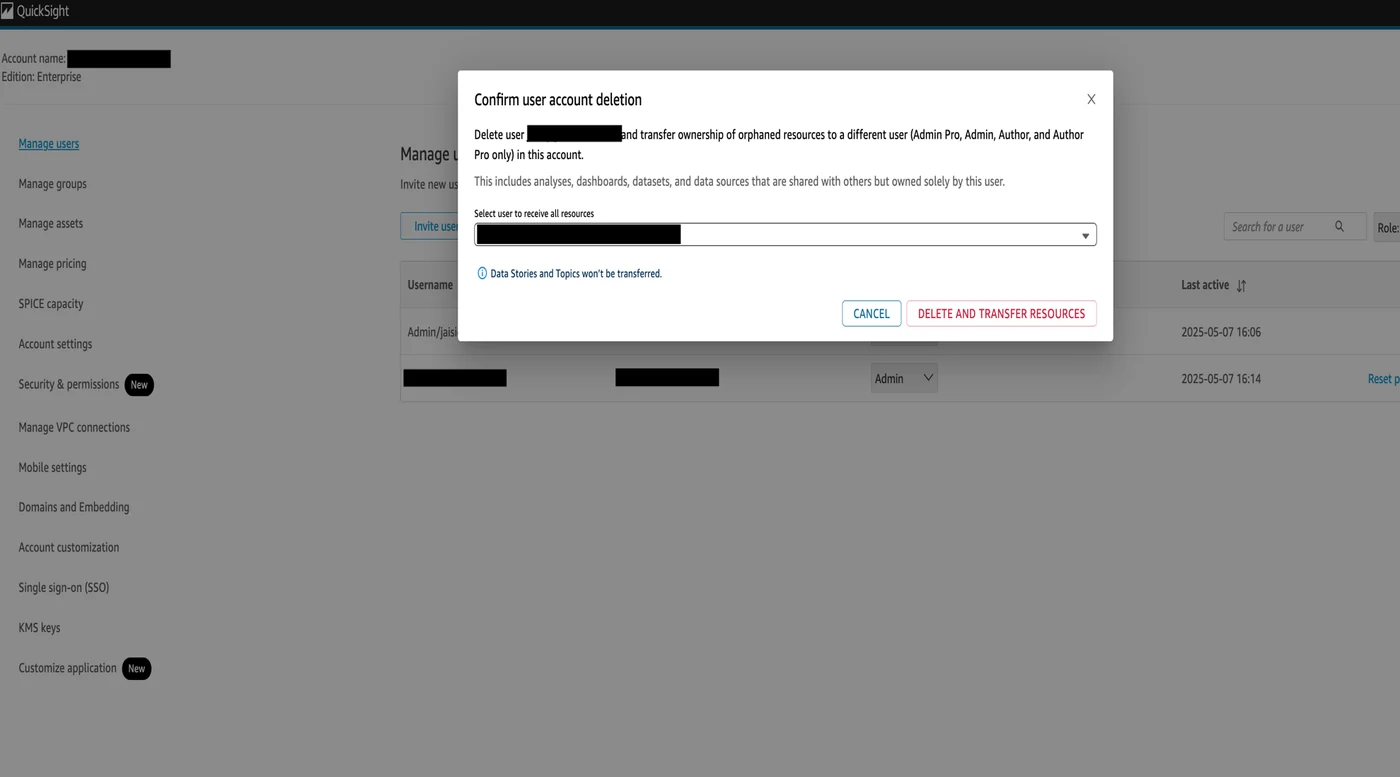 Ownership transfer dialog prompting selection of an admin to receive the deleted user’s resources