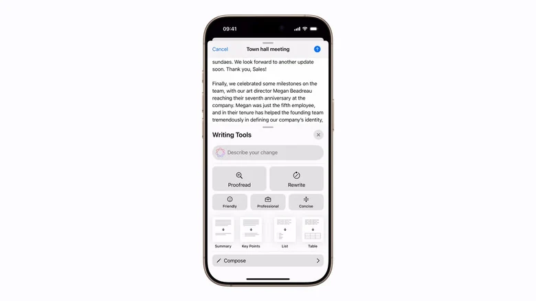 An iPhone with Writing Tools showing beneath a body of text.