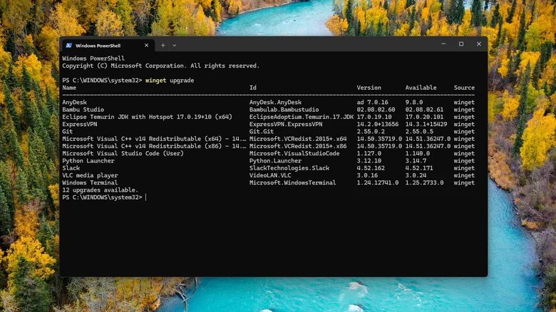 Windows PowerShell showing WinGet results with 12 app upgrades available.