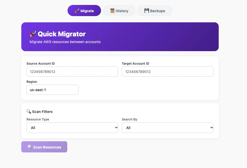 Quick App landing page with fields for source and target account IDs, resource type, and selector