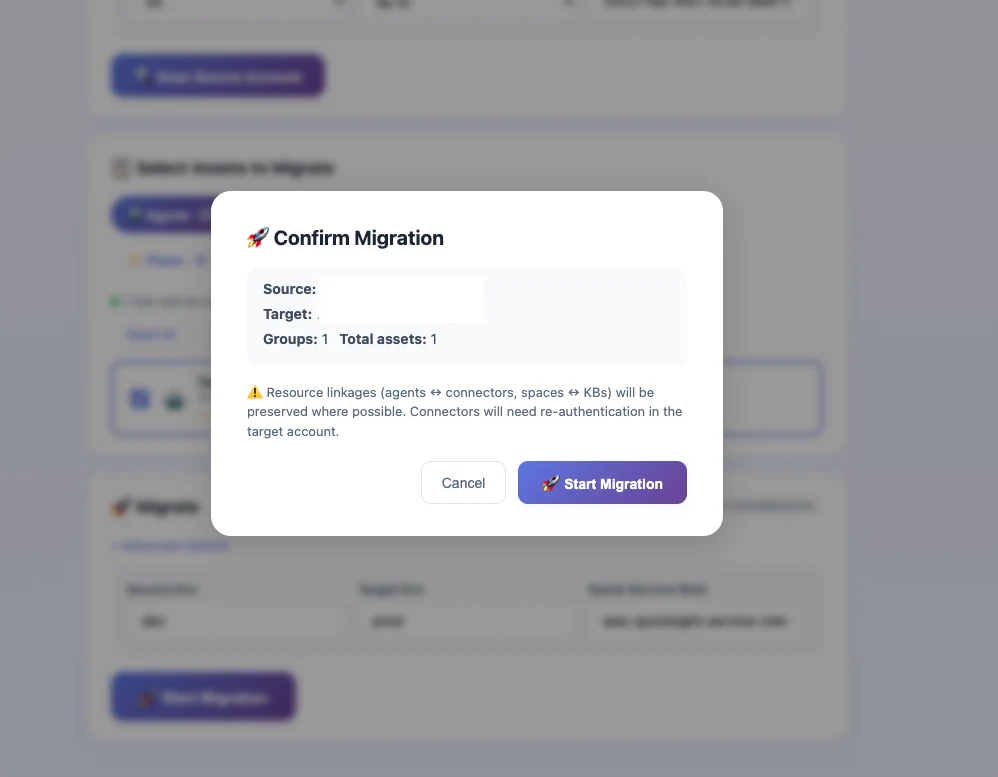 Confirmation view shown after choosing Confirm and migrate