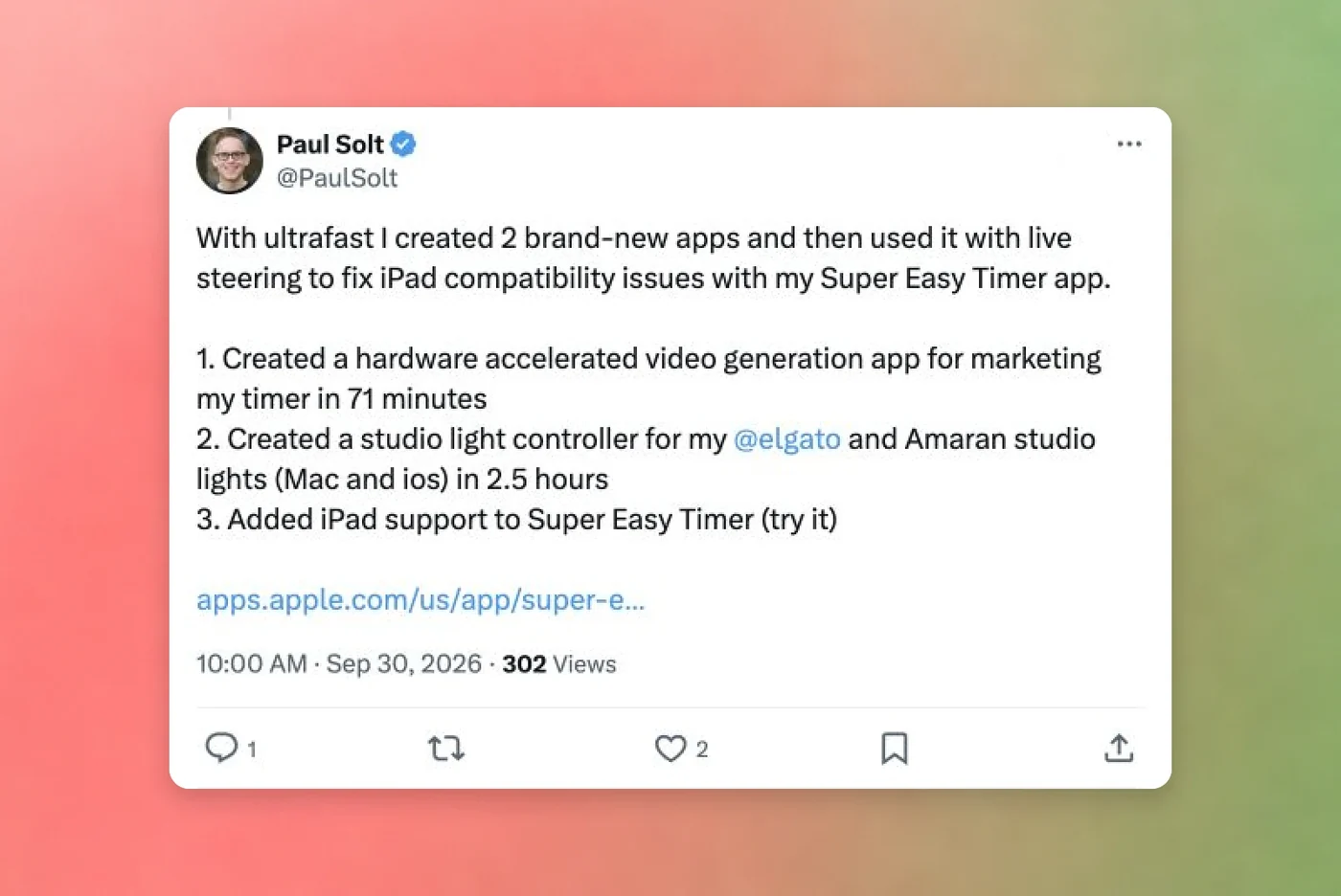 Paul Solt describes building apps and fixing iPad compatibility with Ultrafast and live steering.