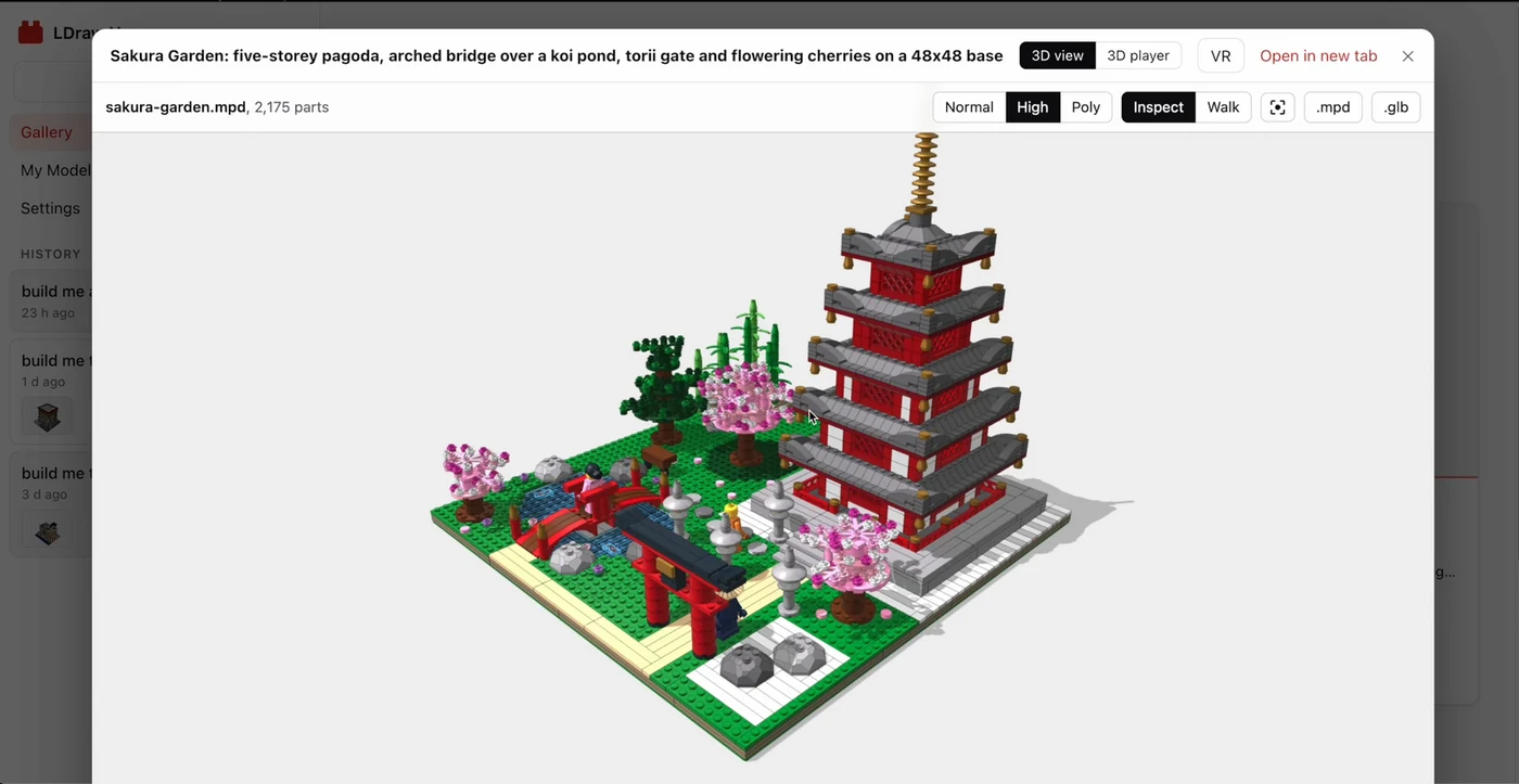 Sakura Garden, an AI-designed LEGO model with a five-story pagoda, torii gate, koi pond, and cherry trees, open in the ldraw-nova web app's 3D viewer