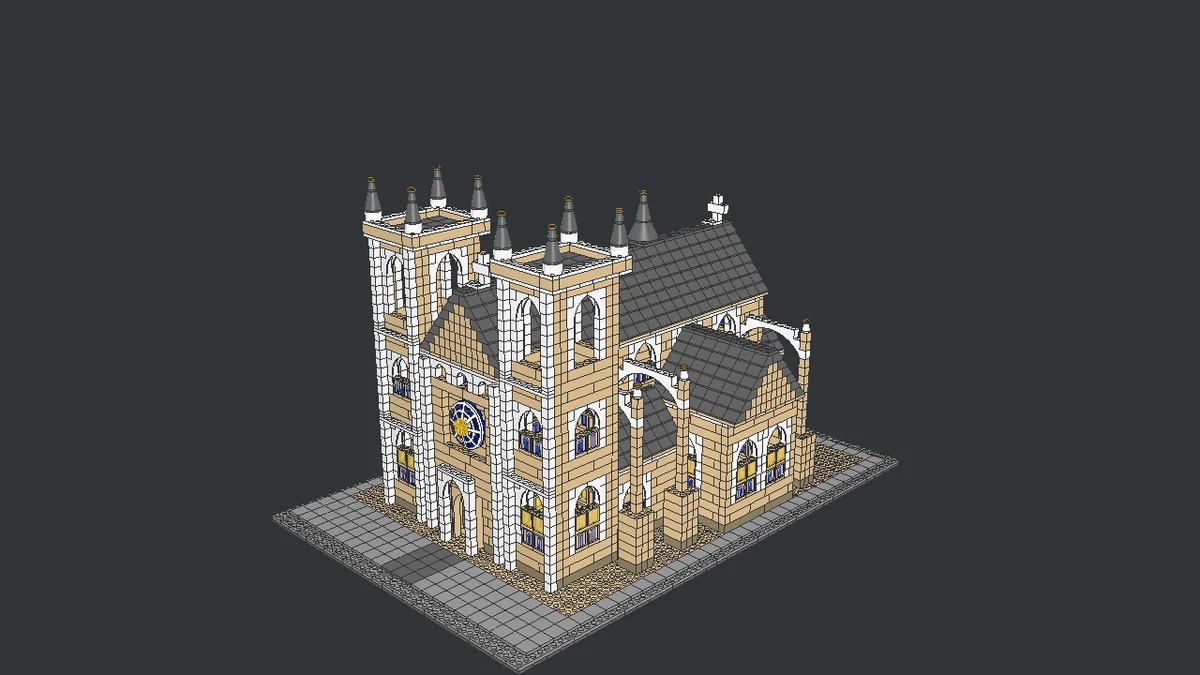 A LEGO cathedral designed by GPT-6 Astra, with twin towers, a blue rose window, and gray roofs, on a gray baseplate