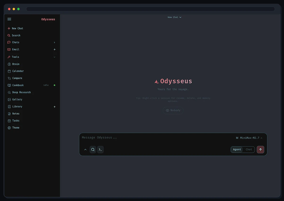 The Odysseus self-hosted AI workspace in a dark theme, with a sidebar of tools beside an empty chat box