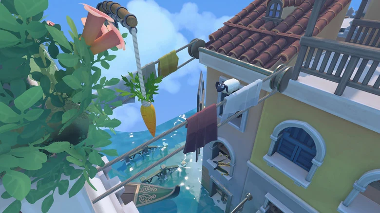 Video game screenshot of a sheep walking over a clothesline suspended between two buildings toward a large carrot.