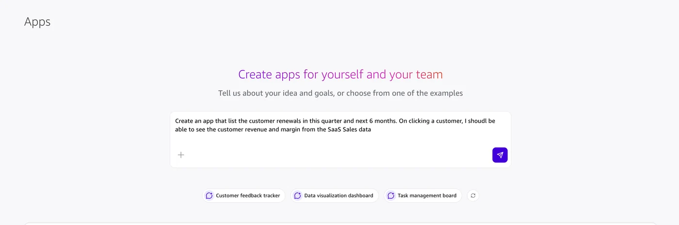 Amazon Quick Apps prompt box with a natural language request to list customer renewals