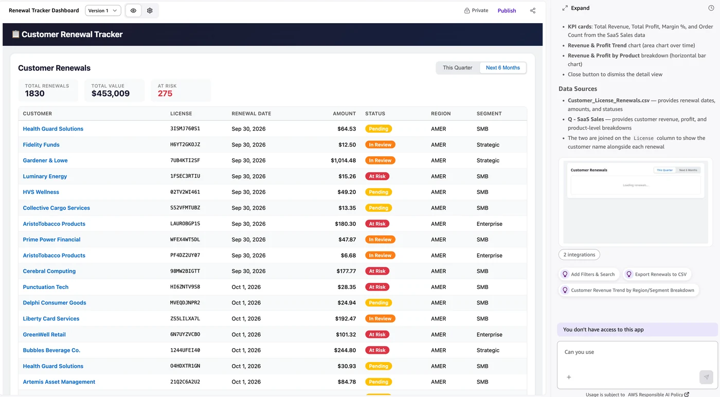 Preview of the built app listing customer renewals for the quarter