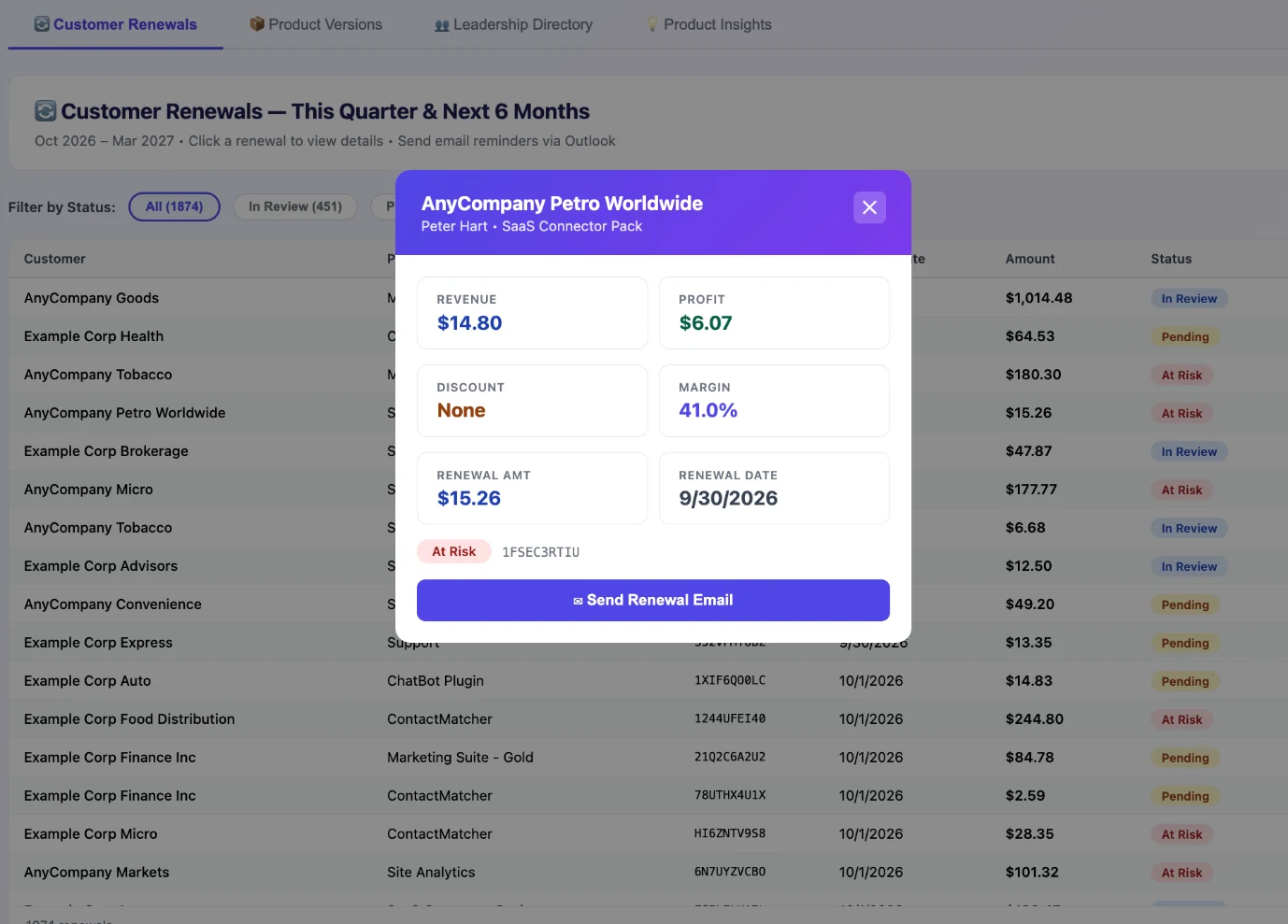 App workflow listing deal renewals with filters and a revenue pop-up for a selected deal