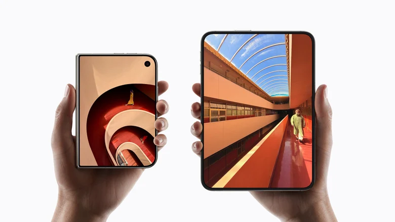 Two hands holding the iPhone Duo in both closed and open orientations.