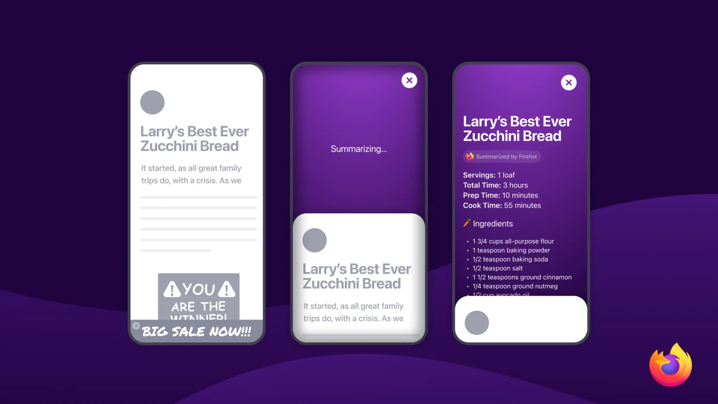 A picture of three phones demonstrating how shake to summarize can be used on recipe sites.