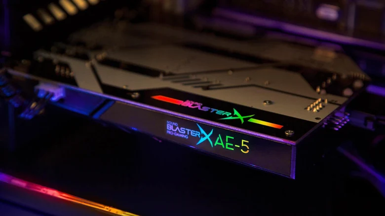 The Sound BlasterX AE-5 sound card, lit up with RGB lights.